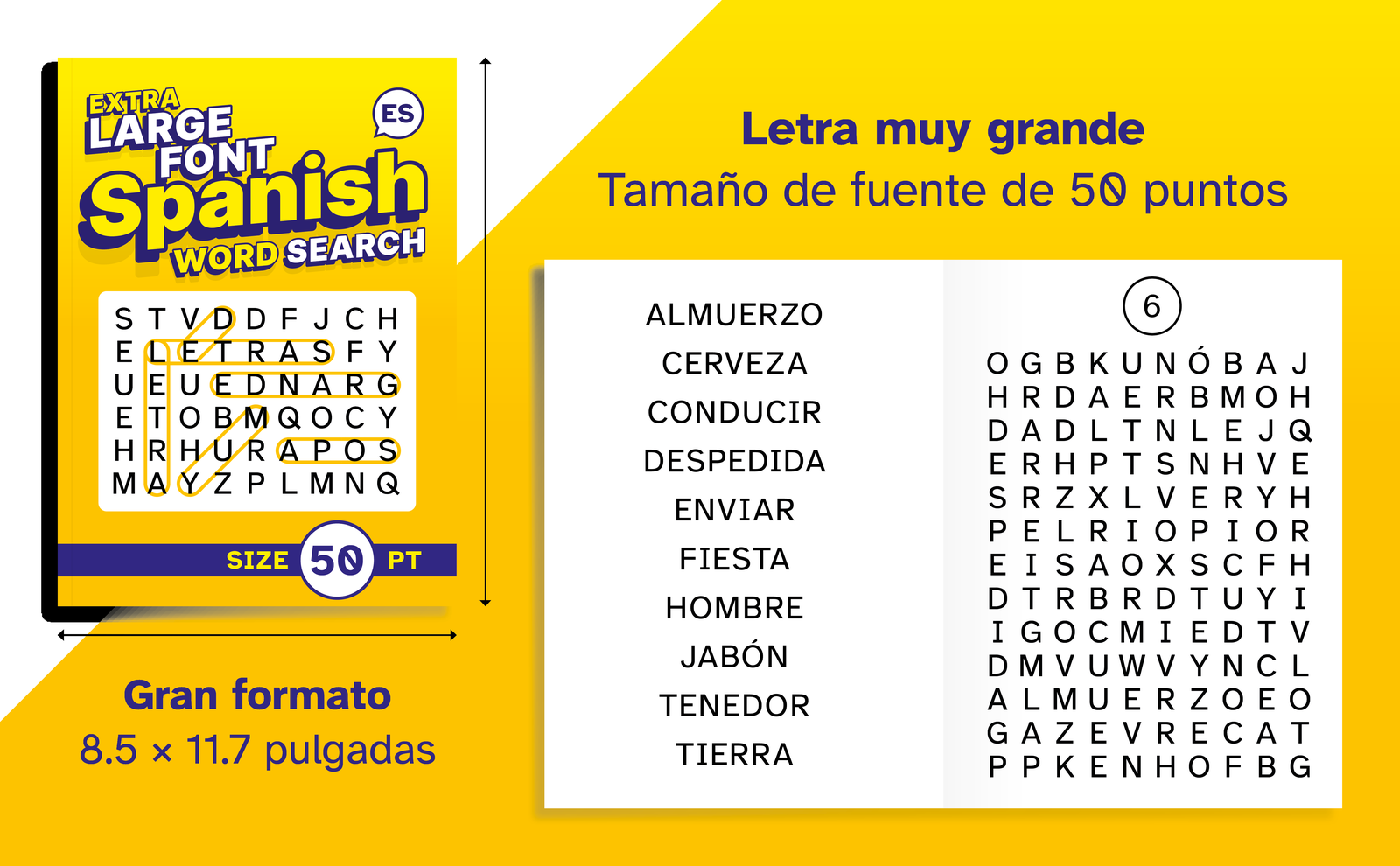 Extra Large Font Spanish Word Search – cover and a sample interior page