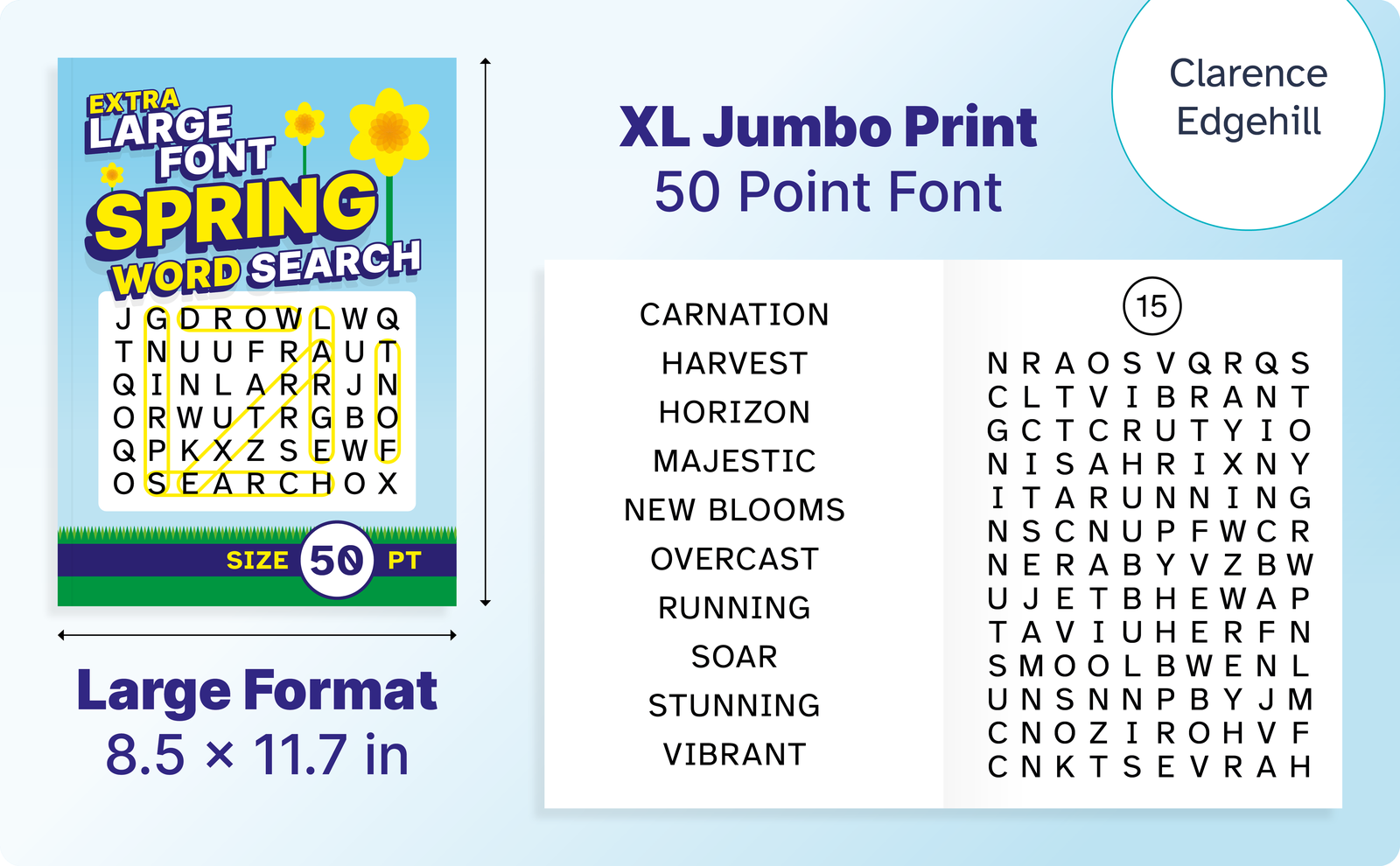 Extra Large Font Spring Word Search – cover and a sample interior page