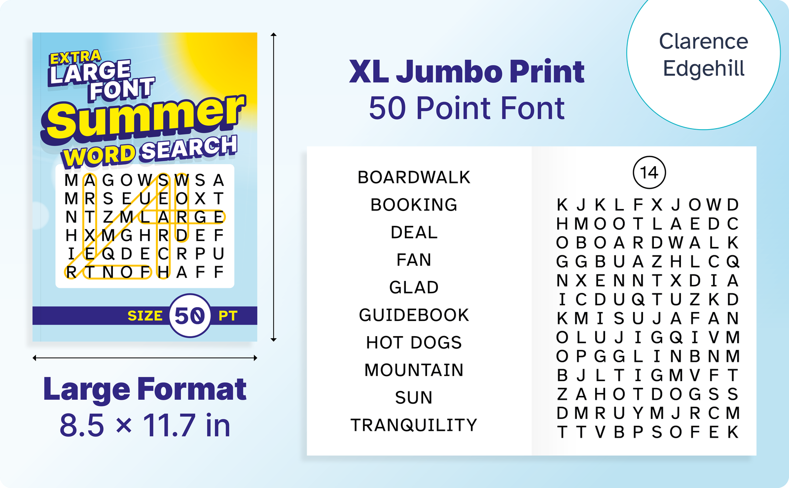 Extra Large Font Summer Word Search – cover and a sample interior page