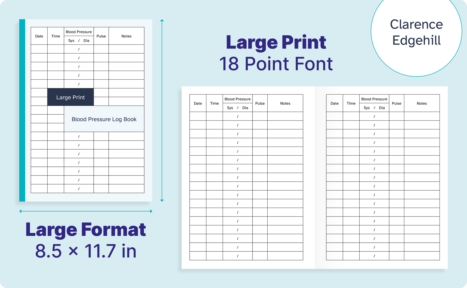 Large Print Blood Pressure Log Book – cover and a sample interior page