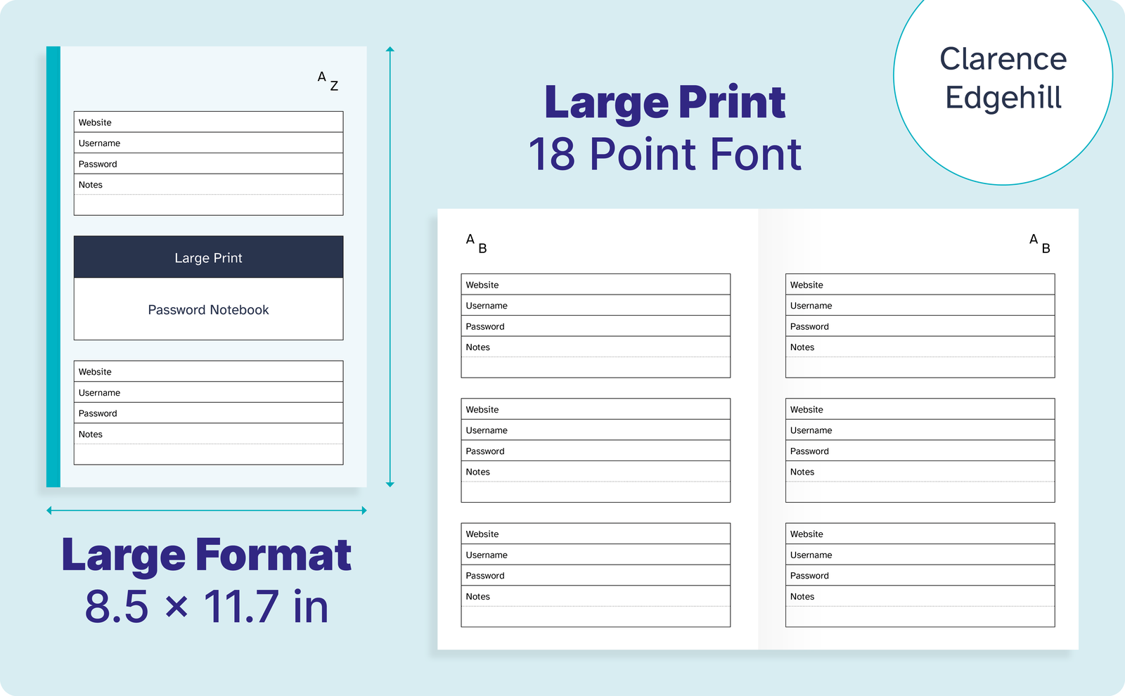 Large Print Password Notebook – cover and a sample interior page