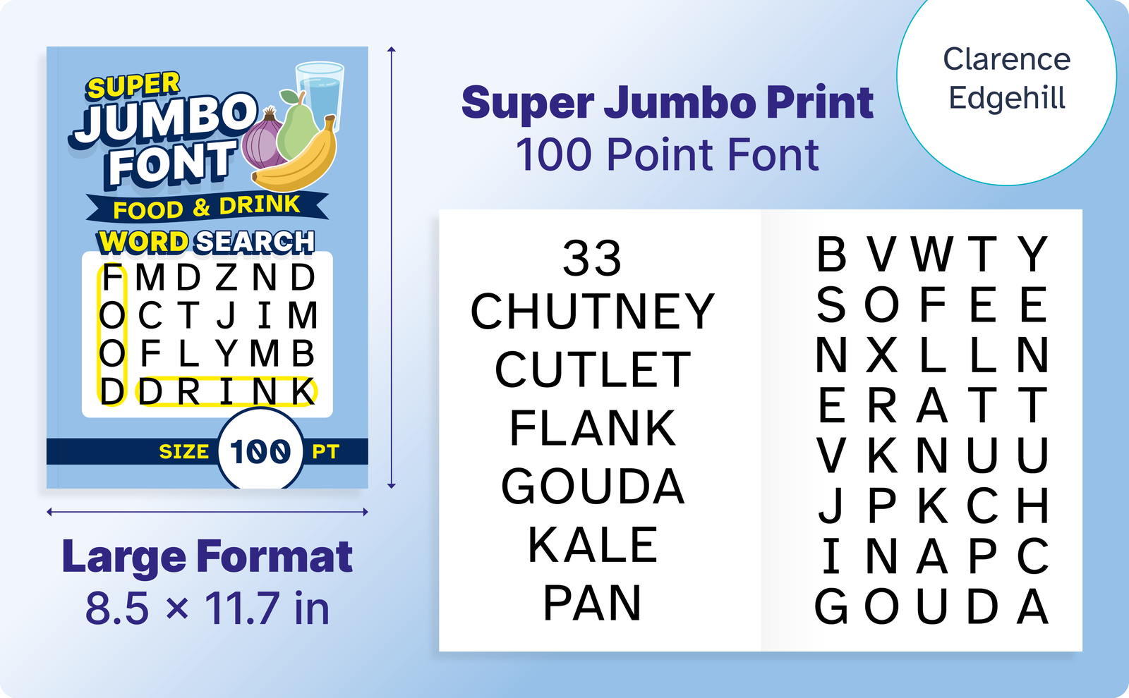 Super Jumbo Font Food & Drink Word Search – cover and a sample interior page