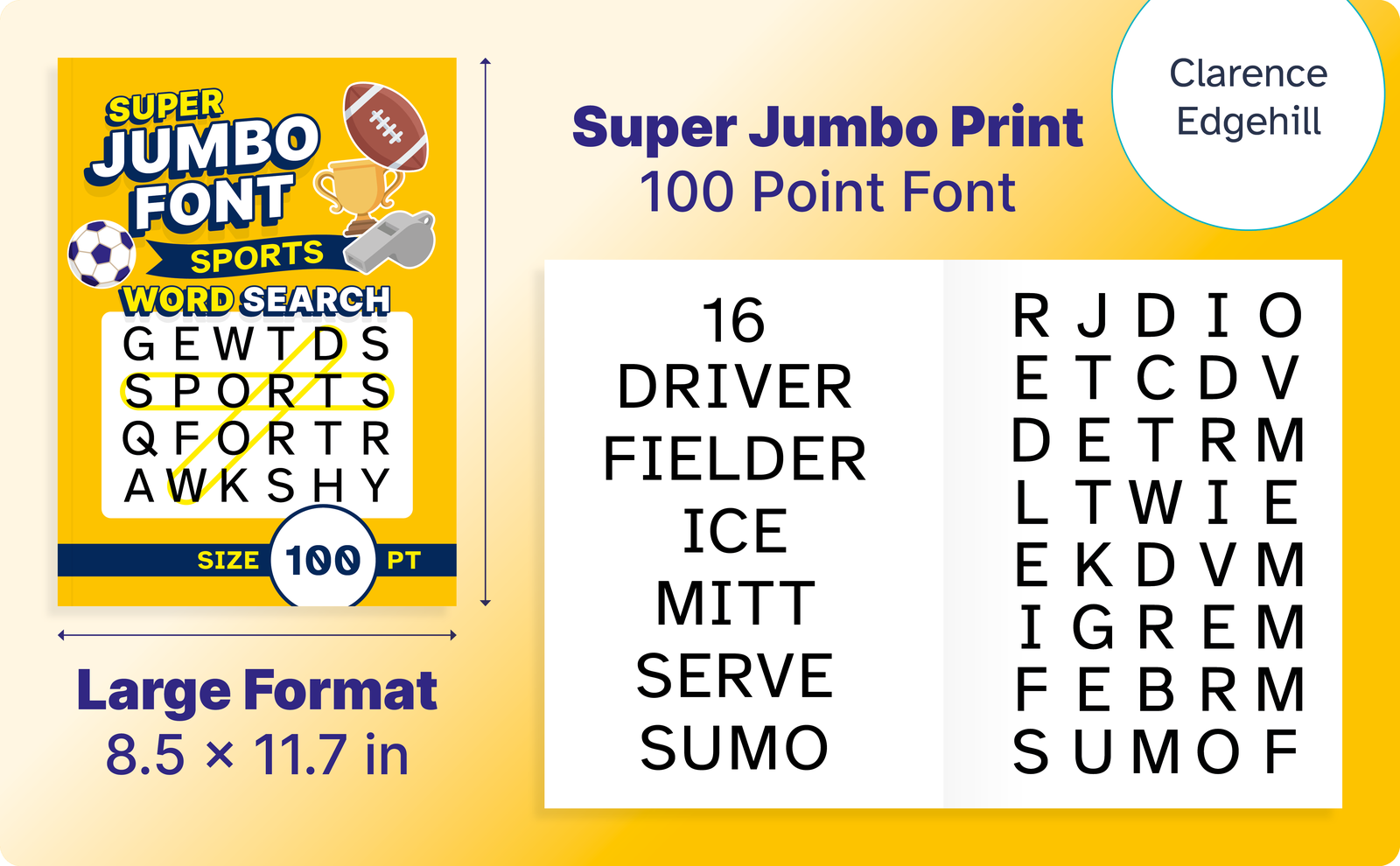 Super Jumbo Font Sports Word Search – cover and a sample interior page